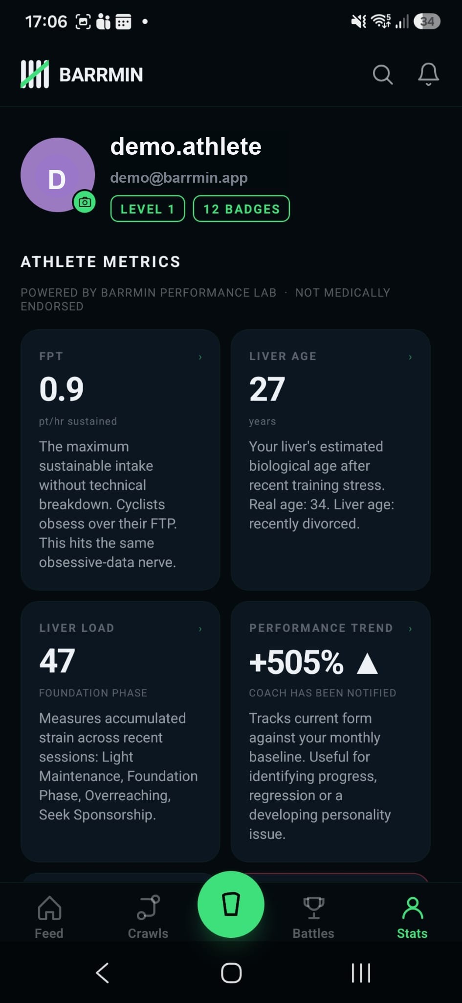 Barrmin athlete metrics screen