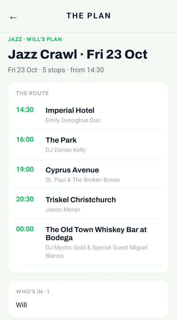 A plan in Barrmin: Jazz Crawl, Friday 23 October, five timed stops and who's in