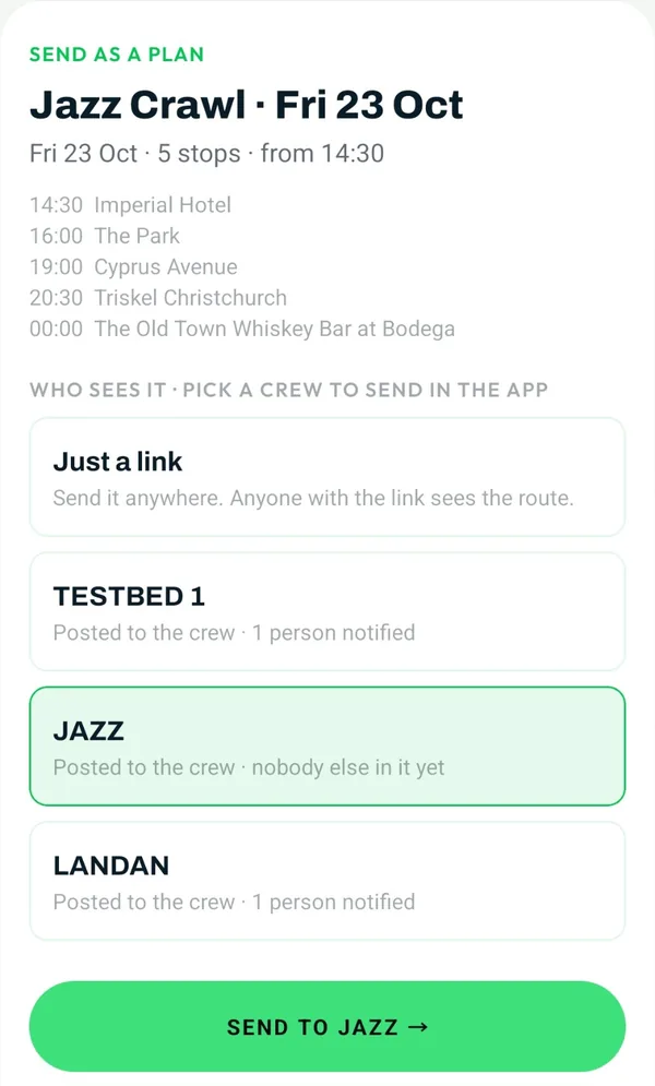 Sending a plan in Barrmin: the crew JAZZ picked, with a Send to Jazz button
